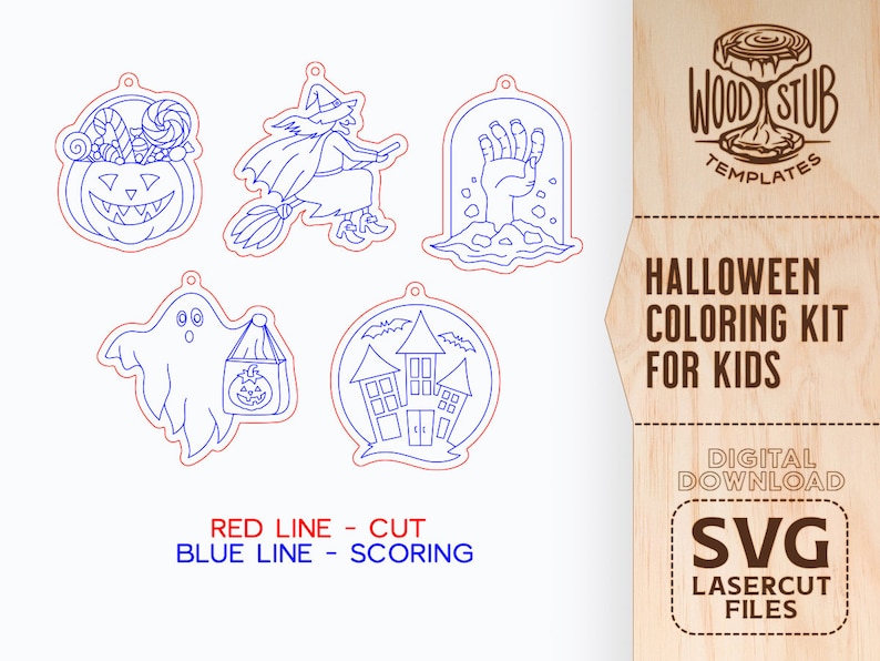 Puede incluir: Un conjunto de cinco archivos SVG de tem&aacute;tica de Halloween para corte por l&aacute;ser. Los dise&ntilde;os incluyen un fantasma, una bruja, una calabaza, una casa encantada y una mano de zombi. Los archivos est&aacute;n delineados en rojo para cortar y en azul para marcar.
