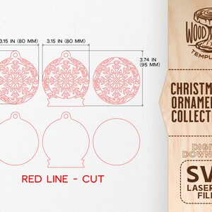 K&ouml;nnte beinhalten: Eine digital herunterladbare SVG-Datei zum Laserschneiden von Weihnachtsbaumschmuck. Das Design umfasst drei verschiedene Ornamentformen mit Schneeflockenmustern. Die Datei ist nur f&uuml;r den pers&ouml;nlichen Gebrauch bestimmt.