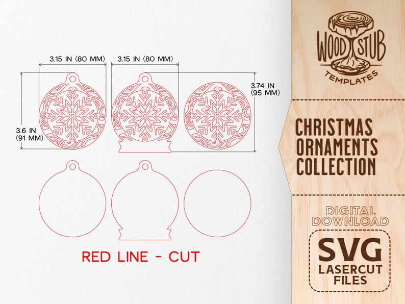 K&ouml;nnte beinhalten: Eine digital herunterladbare SVG-Datei zum Laserschneiden von Weihnachtsbaumschmuck. Das Design umfasst drei verschiedene Ornamentformen mit Schneeflockenmustern. Die Datei ist nur f&uuml;r den pers&ouml;nlichen Gebrauch bestimmt.