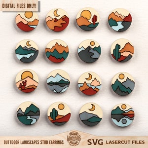 Peut inclure: Ensemble de 16 fichiers numériques SVG découpés au laser pour boucles d'oreilles à clous de paysage extérieur. Les motifs présentent diverses scènes de désert et de montagne avec un coucher de soleil, une lune, un cactus et une rivière.