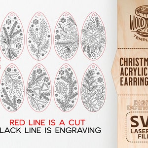K&ouml;nnte beinhalten: Ein Satz von acht Weihnachtsmotiven f&uuml;r Acryl-Ohrringe. Die Ohrringe sind oval geformt und zeigen verschiedene festliche Motive, darunter Stechpalme, Tannenzweige, Glocken und Schneeflocken. Die Designs sind in Schwarz umrandet und bereit zum Laserschneiden. Der Text "RED LINE IS A CUT BLACK LINE IS ENGRAVING" ist im Bild enthalten.