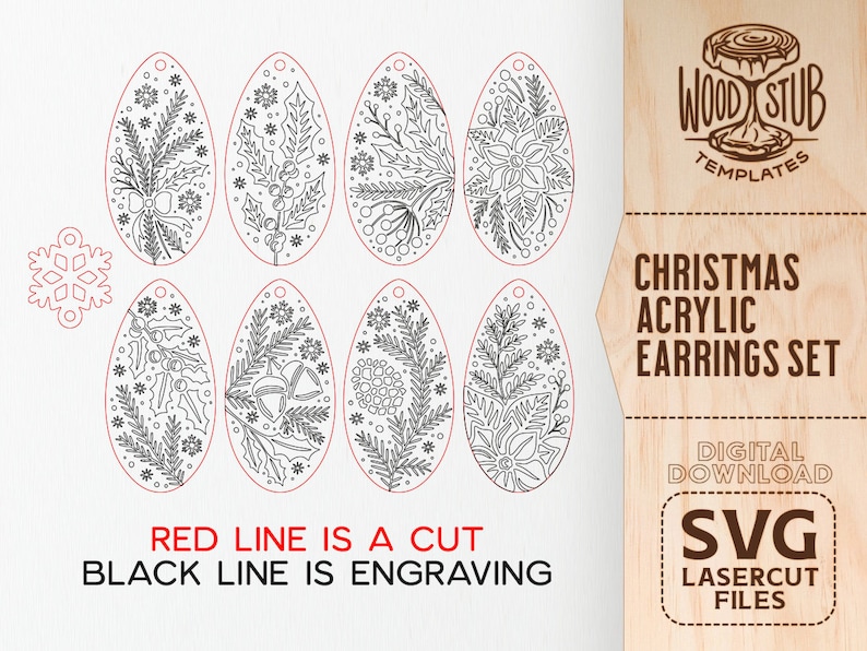 K&ouml;nnte beinhalten: Ein Satz von acht Weihnachtsmotiven f&uuml;r Acryl-Ohrringe. Die Ohrringe sind oval geformt und zeigen verschiedene festliche Motive, darunter Stechpalme, Tannenzweige, Glocken und Schneeflocken. Die Designs sind in Schwarz umrandet und bereit zum Laserschneiden. Der Text "RED LINE IS A CUT BLACK LINE IS ENGRAVING" ist im Bild enthalten.