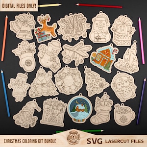 Pacote de kit para colorir de Natal, enfeites de Natal SVG, arquivo laser de Natal, Natal Glowforge svg, enfeites para colorir svg