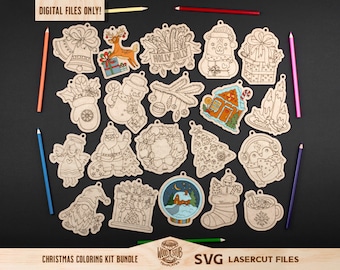 May include: A set of 20 Christmas-themed wooden ornaments for coloring. The ornaments feature various designs, including a snowman, a reindeer, a penguin, a gingerbread house, a Christmas tree, and a stocking. The ornaments are ready to be painted and personalized.