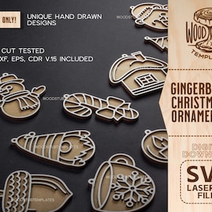 May include: A set of 10 gingerbread Christmas ornament SVG cut files. The designs include a snowman, candy cane, gingerbread house, acorn, and more. The text "WOOD STUB TEMPLATES" is in the top right corner of the image.