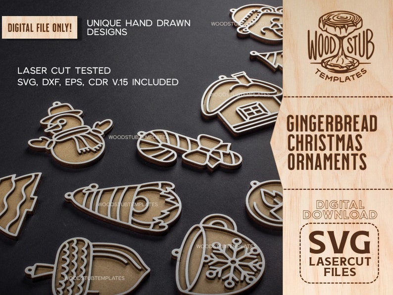 May include: A set of 10 gingerbread Christmas ornament SVG cut files. The designs include a snowman, candy cane, gingerbread house, acorn, and more. The text "WOOD STUB TEMPLATES" is in the top right corner of the image.
