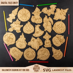 Halloween Coloring Kit for Kids, Halloween Ornaments SVG, Halloween laser file, Halloween Glowforge, Coloring Ornaments svg, Glowforge svg