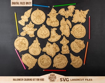 Halloween Coloring Kit for Kids, Halloween Ornaments SVG, Halloween laser file, Halloween Glowforge, Coloring Ornaments svg, Glowforge svg