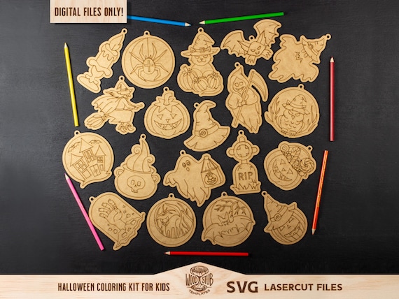Halloween Coloring Kit for Kids, Halloween Ornaments SVG, Halloween laser file, Halloween Glowforge, Coloring Ornaments svg, Glowforge svg