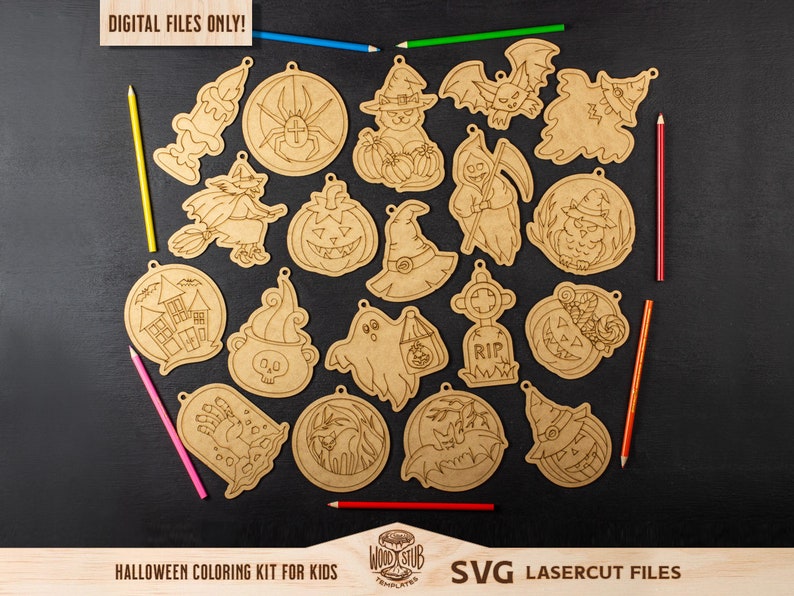 Puede incluir: Un conjunto de 18 archivos SVG de corte por l&aacute;ser con tem&aacute;tica de Halloween para colorear. Los dise&ntilde;os incluyen una bruja, un fantasma, una calabaza, un murci&eacute;lago, un b&uacute;ho, un caldero, una ara&ntilde;a, una casa encantada, un cementerio y mucho m&aacute;s. Los archivos son perfectos para crear decoraciones de Halloween personalizadas, adornos o regalos.