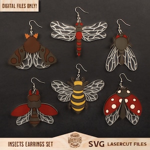 May include: Set of six insect-themed earrings, featuring a dragonfly, moth, bee, ladybug, and two other insects. The earrings are made of wood and have a laser-cut design. The insects are painted in various colors, including red, black, yellow, and white.