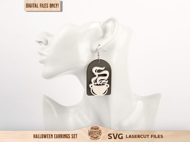 May include: A dangling earring featuring a dark gray arch-shaped base with a light-colored cutout of a steaming cauldron. The text "DIGITAL FILES ONLY!" appears in the top left corner, and the bottom text reads "HALLOWEEN EARRINGS SET SVG LASERCUT FILES".