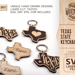 May include: Five laser cut wooden Texas state keychain designs. The keychains feature different designs including the words "Texas", "home", and a heart. The keychains are available for digital download as SVG files.
