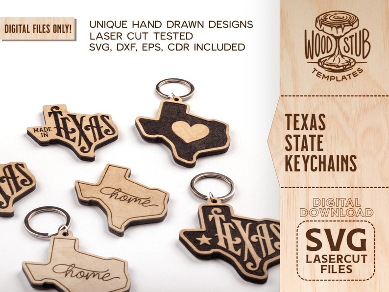 May include: Five laser cut wooden Texas state keychain designs. The keychains feature different designs including the words "Texas", "home", and a heart. The keychains are available for digital download as SVG files.