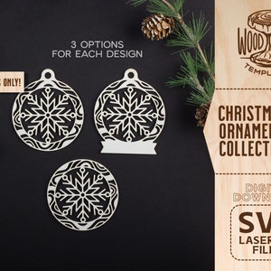 K&ouml;nnte beinhalten: Drei digitale Download-Optionen f&uuml;r lasergeschnittene Weihnachtsbaumschmuck-Designs mit einem Schneeflockenmuster. Die Designs sind im SVG-Format verf&uuml;gbar. Der Text "WOODSTUB TEMPLATES" und "CHRISTMAS ORNAMENTS COLLECTION" ist im Bild sichtbar.