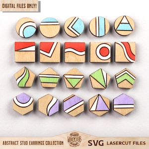 May include: A collection of 18 laser cut wood stud earrings with abstract geometric designs. The earrings are in various shapes, including circles, squares, hexagons, and pentagons. The designs feature a variety of colors, including red, blue, green, and purple.