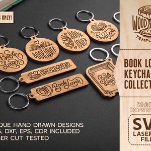 May include: A set of eight laser-cut wooden keychains with book-themed designs. The keychains feature various phrases and illustrations related to reading and books, such as "Book Lover", "Bookworm", and a stack of books. The keychains are made of natural wood and have a rustic, handcrafted look.