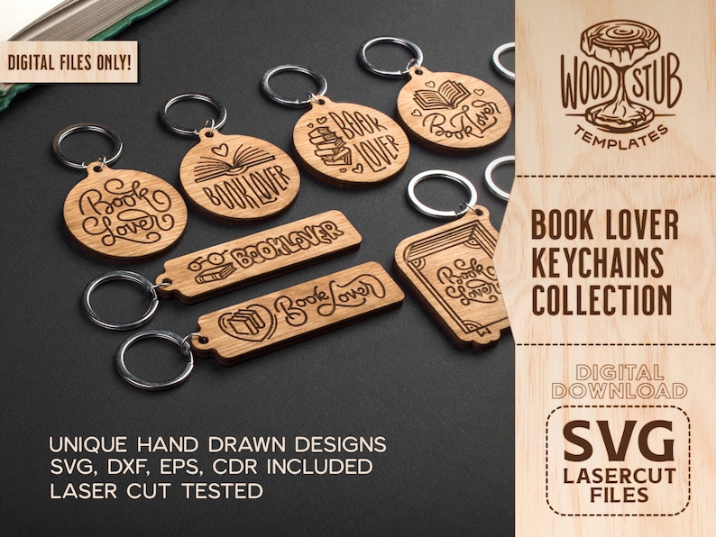 May include: A set of eight laser-cut wooden keychains with book-themed designs. The keychains feature various phrases and illustrations related to reading and books, such as "Book Lover", "Bookworm", and a stack of books. The keychains are made of natural wood and have a rustic, handcrafted look.