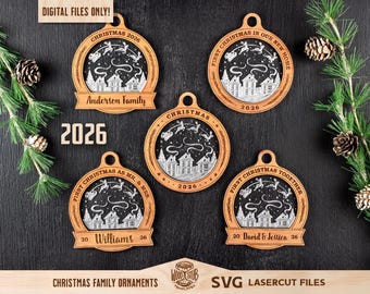 Archivos SVG de adornos navideños de 2026, pueblo nevado cortado con láser (descarga digital)