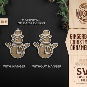 May include: Two versions of a gingerbread snowman Christmas ornament, one with a hanger and one without. The ornaments are laser cut and ready to be assembled. Digital download SVG files.