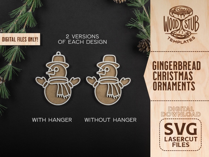 May include: Two versions of a gingerbread snowman Christmas ornament, one with a hanger and one without. The ornaments are laser cut and ready to be assembled. Digital download SVG files.