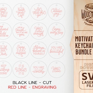 Puede incluir: Un conjunto de 12 dise&ntilde;os de llaveros motivacionales con texto rosa sobre fondo blanco. El texto incluye frases como "You got this!" y "Always believe in yourself". Los dise&ntilde;os est&aacute;n etiquetados como "Black Line - Cut" y "Red Line - Engraving".