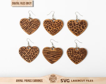 アニマルプリントハートSVG、イヤリングSVG、バレンタインデーイヤリング、ヒョウ柄イヤリング、Glowforge svg、レーザーカットファイル、商用利用