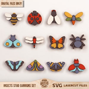 May include: A set of 12 insect stud earrings, featuring a variety of designs including a bee, ladybug, fly, dragonfly, butterfly, and spider. The earrings are made of wood and are laser cut. The text "INSECTS STUD EARRINGS SET" and "SVG LASER CUT FILES" is visible at the bottom of the image.