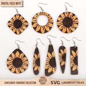 May include: A set of six sunflower earring designs, laser cut from wood. The earrings are in various shapes, including a circle, a teardrop, a rectangle, and a diamond. The sunflower designs are all in shades of brown and yellow.