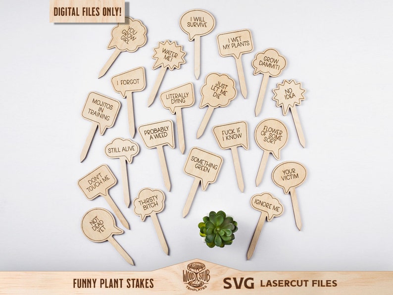 Rolig växtmarkör, roliga växtpinnar, växtpinnar SVG, trädgårdspinnar paket, trädgårdsmarkörer SVG, Glowforge svg, laserskuren fil bild 1