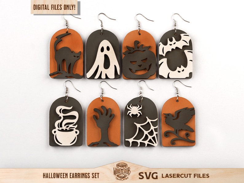Halloween Earrings SVG, Laser Cut Halloween Earring Set, Wood Ghost Bat Pumpkin Cat Jewelry Glowforge xTool Files image 1