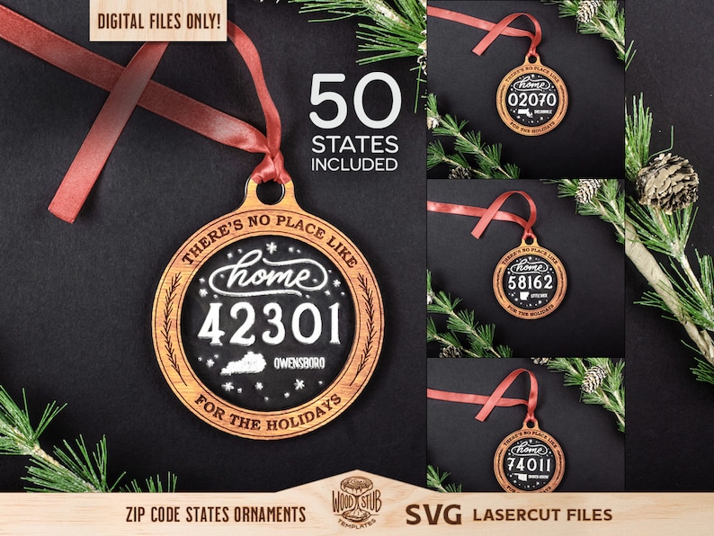 Op de afbeelding: Een set van 50 SVG-lasergesneden bestanden voor het maken van houten ornamenten met het thema "Er is geen plek zoals thuis". Elke ornament heeft een staatsschets, een postcode en de naam van de stad. De ornamenten zijn perfect om een ​​persoonlijke touch aan uw kerstdecoratie toe te voegen.