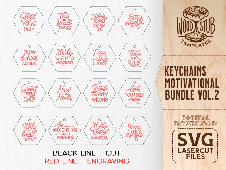 May include: A set of 12 motivational keychain designs featuring black outlines and red text. The designs include phrases like "Good Vibes Only", "Dream Believe Achieve", "Make It Happen", "Now or Never", "Love Yourself More", and "Keep Life Simple".