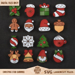 May include: A set of 16 Christmas-themed SVG lasercut files for stud earrings. The designs include a gingerbread man, Santa Claus, a snowflake, a Christmas tree, a reindeer, a bell, a gnome, and more.
