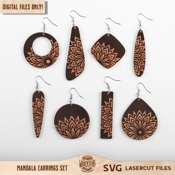 Boucles d'oreilles mandala SVG, pendentifs mandalas, boucles d'oreilles SVG, boucles d'oreilles fleur svg, boucles d'oreilles larme svg, svg mandala, svg Glowforge, fichier découpé au laser