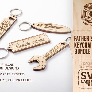 May include: A set of five laser cut wooden keychains for Father's Day. The keychains feature designs including a saw, a ruler, a wrench, and an oval with the text "#1 Dad". The keychains are labeled "Unique Hand Drawn Designs" and "Laser Cut Tested".