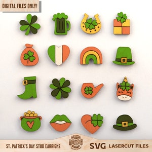 May include: A collection of St. Patrick's Day stud earrings in various shapes, including shamrocks, a beer mug, a horseshoe, and a leprechaun hat. The earrings are made of wood and feature vibrant colors. The text "DIGITAL FILES ONLY!" is at the top.
