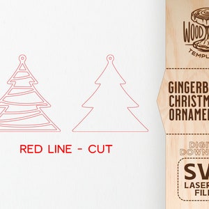 May include: Two gingerbread Christmas tree ornament SVG cut files. The first tree has a detailed design with lines and the second tree is a simple outline. The text "RED LINE - CUT" is below the trees. The text "WOOD STUB TEMPLATES" is in the top right corner of the image. The text "GINGERBREAD CHRISTMAS ORNAMENTS" is below the logo. The text "DIGITAL DOWNLOAD SVG LASERCUT FILES" is in the bottom right corner of the image.