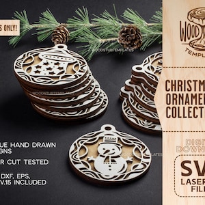 K&ouml;nnte beinhalten: Eine Sammlung von acht lasergeschnittenen Weihnachtsbaumschmuck-Designs mit einem Strumpf, einem Schneemann und anderen festlichen Motiven. Die Designs sind als digitale Download-Dateien in den Formaten SVG, DXF, EPS und CDR verf&uuml;gbar. "NUR DIGITALE DATEIEN!" und "WOOD STUB TEMPLATES" sind auf dem Bild zu sehen.