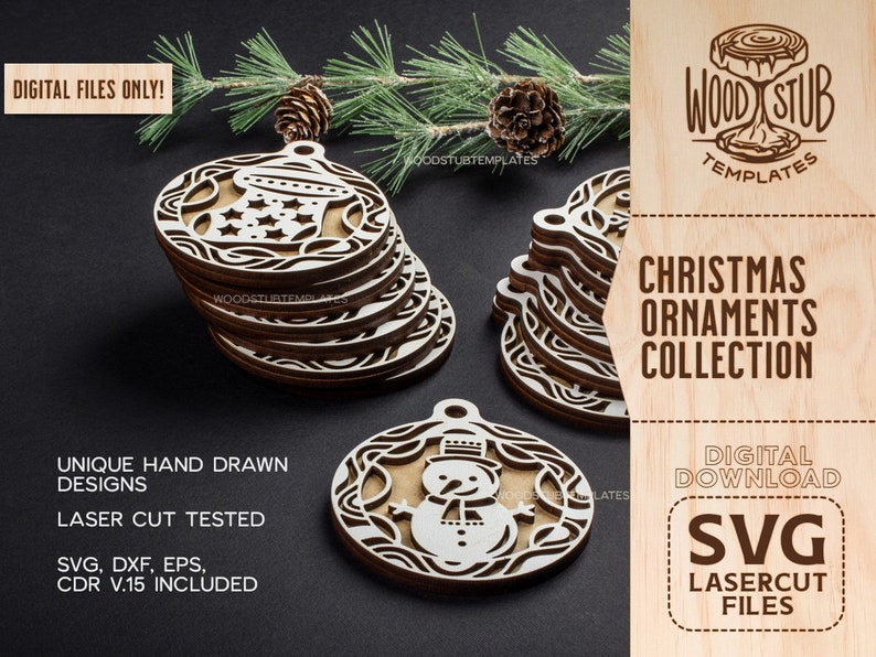 K&ouml;nnte beinhalten: Eine Sammlung von acht lasergeschnittenen Weihnachtsbaumschmuck-Designs mit einem Strumpf, einem Schneemann und anderen festlichen Motiven. Die Designs sind als digitale Download-Dateien in den Formaten SVG, DXF, EPS und CDR verf&uuml;gbar. "NUR DIGITALE DATEIEN!" und "WOOD STUB TEMPLATES" sind auf dem Bild zu sehen.