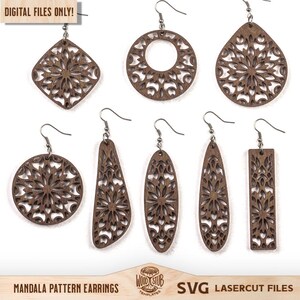 May include: A collection of laser-cut wooden earrings in various shapes, including squares, circles, and teardrops. Each earring features an intricate mandala pattern. The text "DIGITAL FILES ONLY!" is visible at the top. The text "MANDALA PATTERN EARRINGS" and "SVG LASERCUT FILES" are at the bottom.