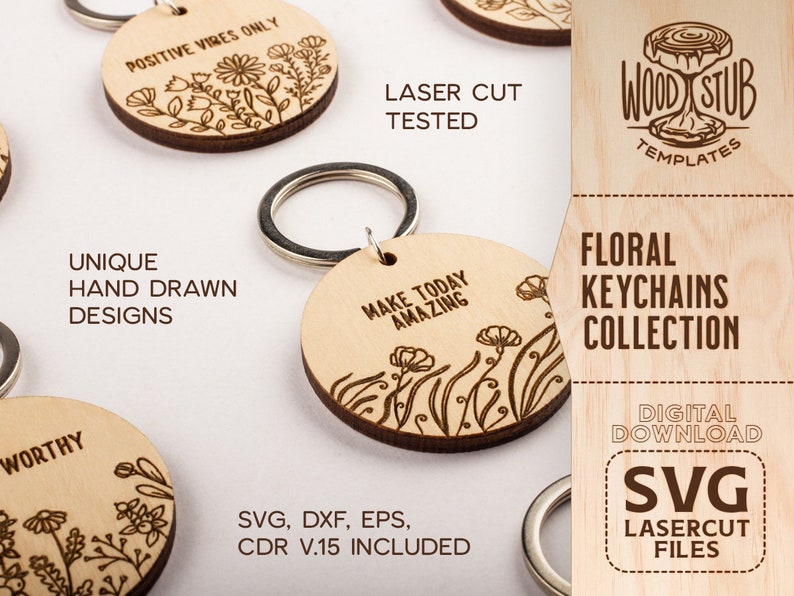 Pu&ograve; includere: Una collezione di portachiavi in legno tagliati al laser con motivi floreali e citazioni ispiratrici. I portachiavi sono di vari colori e presentano diversi motivi floreali. Il testo sui portachiavi include "Positive Vibes Only", "Make Today Amazing" e "Worthy".