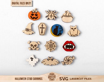 May include: A set of 16 Halloween-themed stud earrings, each featuring a different design, including a pumpkin, spider, cauldron, witch hat, coffin, black cat, owl, skull and crossbones, spiderweb, vampire fangs, ghost, bat, and candy cane. The earrings are made of wood and are laser cut.