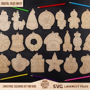 Kit de colorir de Natal para crianças, enfeites de Natal SVG, arquivo a laser de Natal, Natal Glowforge svg, enfeites para colorir svg