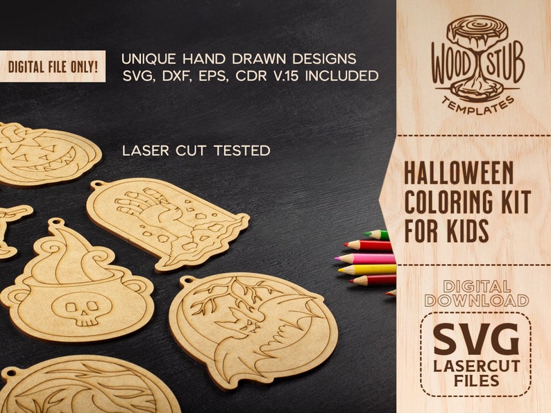 Puede incluir: Un conjunto de seis recortes de madera con tem&aacute;tica de Halloween para que los ni&ntilde;os coloreen. Los recortes incluyen una calabaza, un caldero, un fantasma, un murci&eacute;lago, una mano que sale de una tumba y un &aacute;rbol espeluznante. Los recortes est&aacute;n cortados con l&aacute;ser y listos para ser pintados.