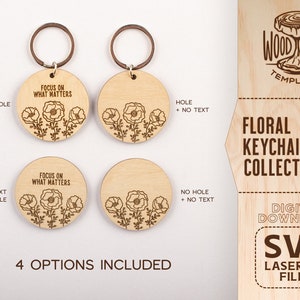 Pu&ograve; includere: Quattro file SVG da scaricare digitalmente per la taglio laser di portachiavi floreali. Due design presentano il testo "Focus on what matters" e due design presentano un motivo floreale. Ogni design &egrave; disponibile con o senza foro per un anello portachiavi.