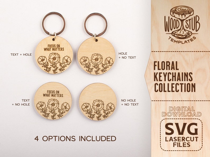 Pu&ograve; includere: Quattro file SVG da scaricare digitalmente per la taglio laser di portachiavi floreali. Due design presentano il testo "Focus on what matters" e due design presentano un motivo floreale. Ogni design &egrave; disponibile con o senza foro per un anello portachiavi.