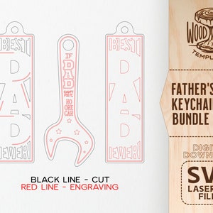May include: A digital download SVG file for laser cutting two Father's Day keychain designs. One design features a wrench with the text "If Dad Can't Fix It, No One Can". The other design features the text "Best Dad Ever". The designs are outlined in black and have red lines for engraving.