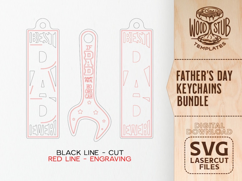 May include: A digital download SVG file for laser cutting two Father's Day keychain designs. One design features a wrench with the text "If Dad Can't Fix It, No One Can". The other design features the text "Best Dad Ever". The designs are outlined in black and have red lines for engraving.
