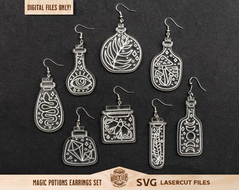 May include: Set of eight SVG laser cut files for earrings featuring various potion bottle designs. Each bottle has a different design, including a snake, an eye, mushrooms, a feather, a moon, a leaf, a crystal, and a bug. The files are for digital download only.